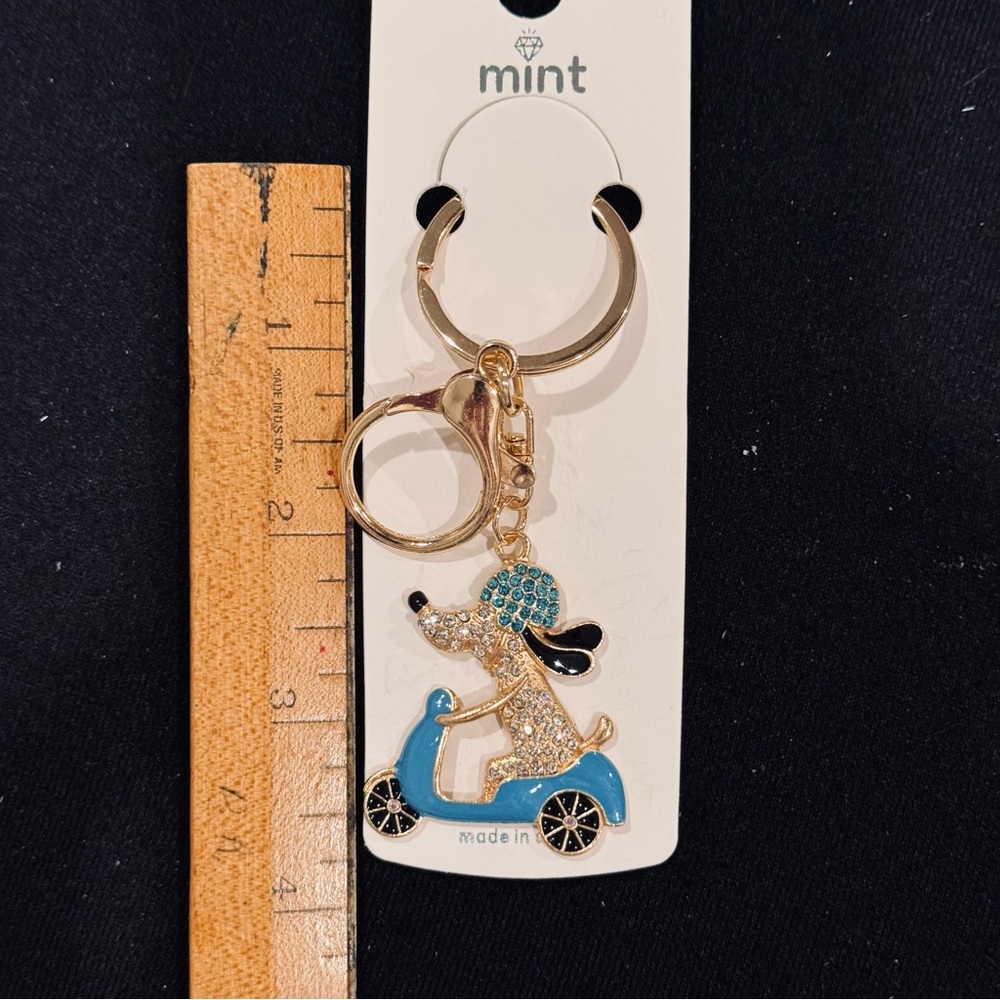 BAG CHARM Mint Gold and White Dog On Scooter Keychain - Picture 5 of 10